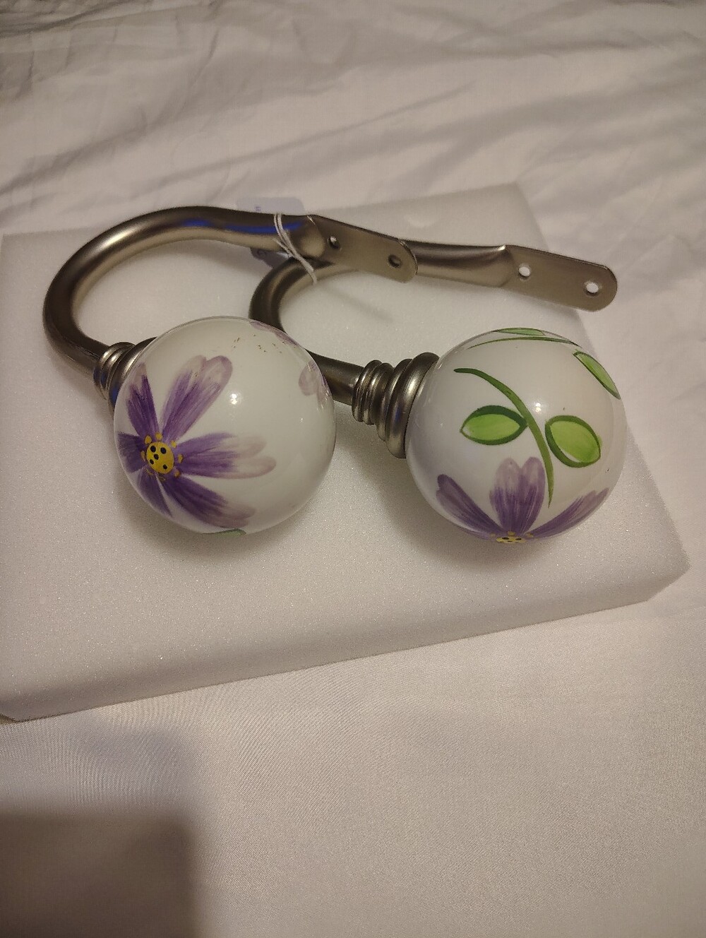 Hand-Painted Ceramic Curtain Tiebacks in Purple Floral Design